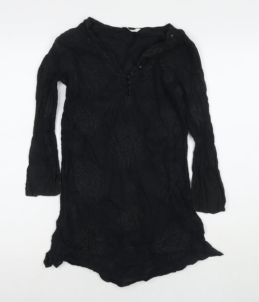 NEXT Womens Black Cotton Tunic Blouse Size 10 V-Neck