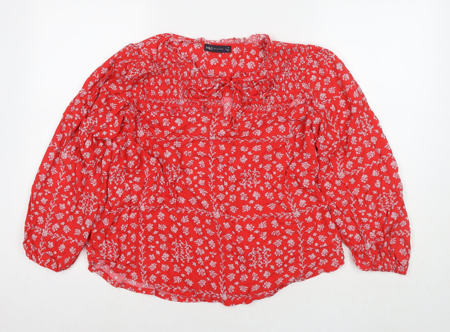 Marks and Spencer Womens Red Floral Polyester Basic Blouse Size 18 V-Neck