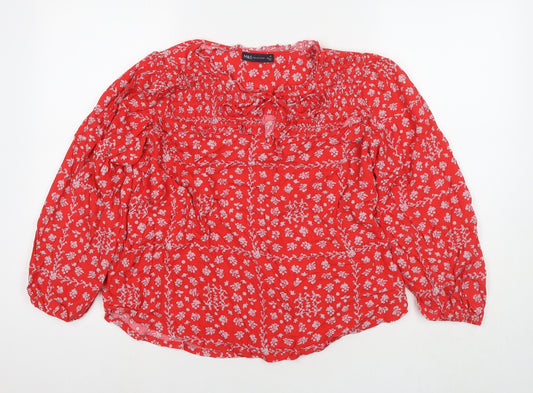 Marks and Spencer Womens Red Floral Polyester Basic Blouse Size 18 V-Neck