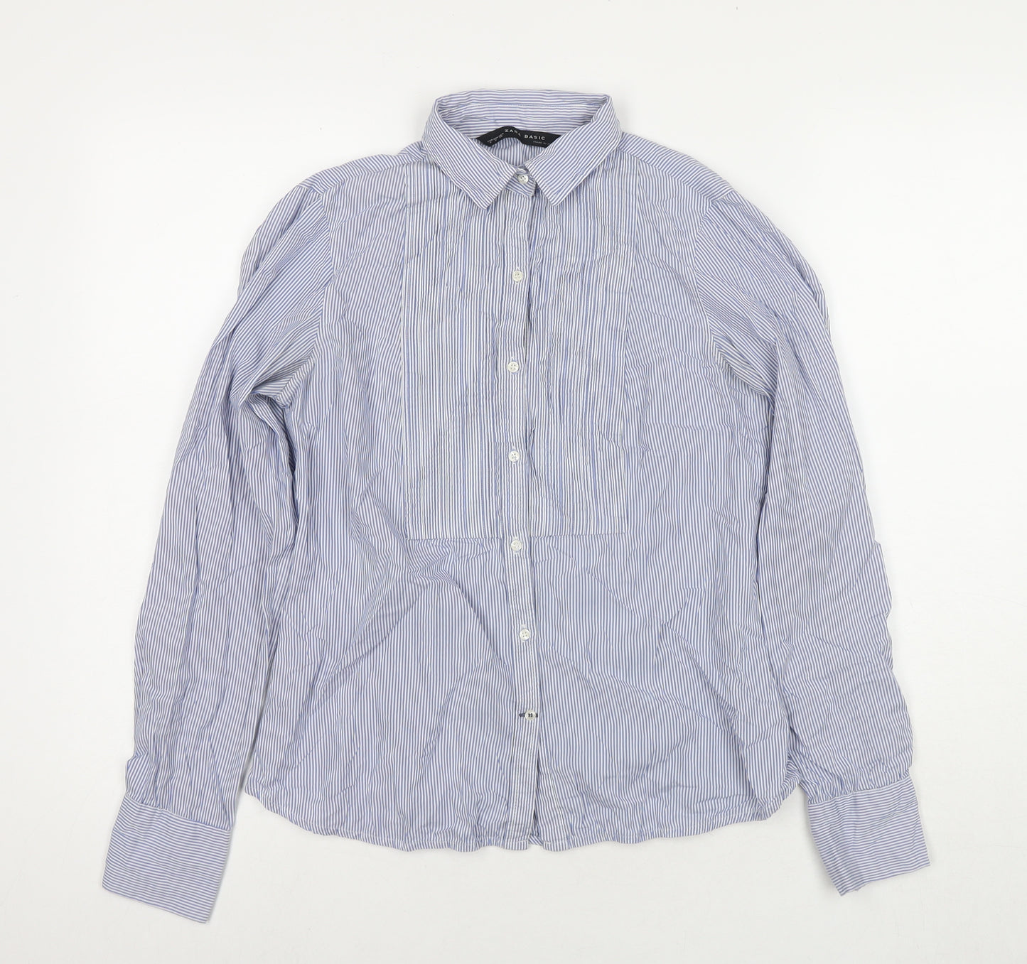 Zara Womens Blue Striped Cotton Basic Button-Up Size S Collared