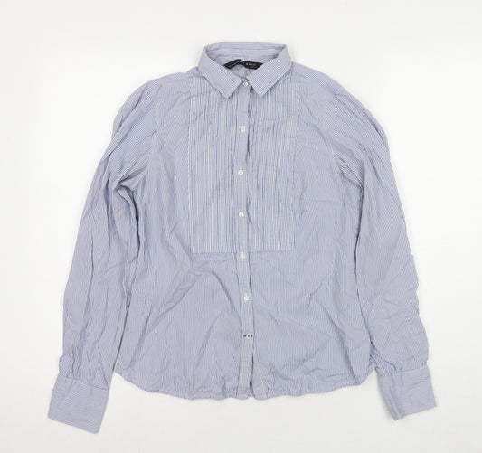 Zara Womens Blue Striped Cotton Basic Button-Up Size S Collared