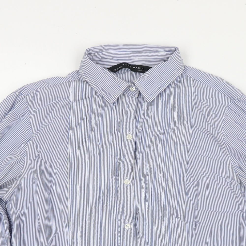 Zara Womens Blue Striped Cotton Basic Button-Up Size S Collared