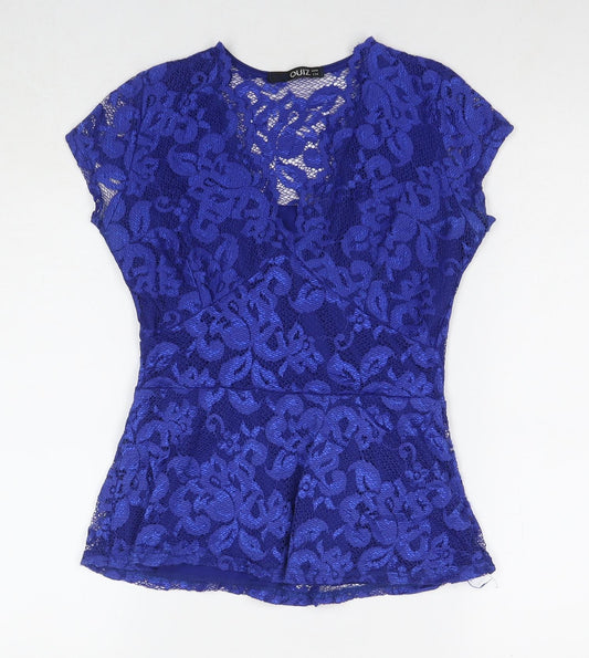 Quiz Womens Blue Polyester Basic Blouse Size 10 V-Neck