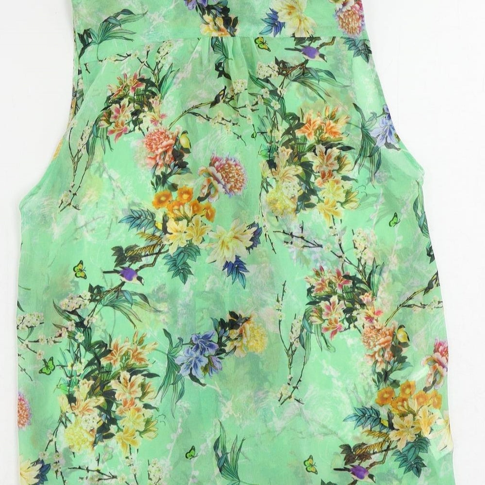 Zara Womens Green Floral Polyester Basic Blouse Size M V-Neck - Sheer