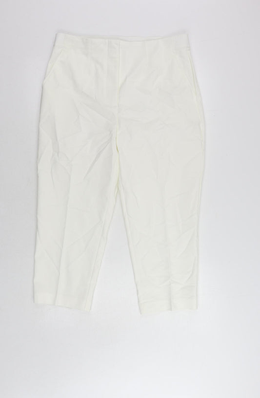 Marks and Spencer Womens White Cotton Cropped Trousers Size 14 L22 in Regular Zip