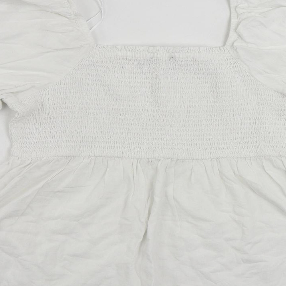 Marks and Spencer Womens White Linen Basic Blouse Size 16 Square Neck - Shirred