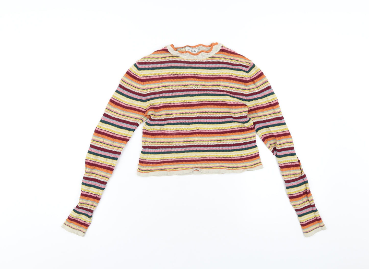 Zara Womens Multicoloured Striped Polyester Basic T-Shirt Size S Round Neck