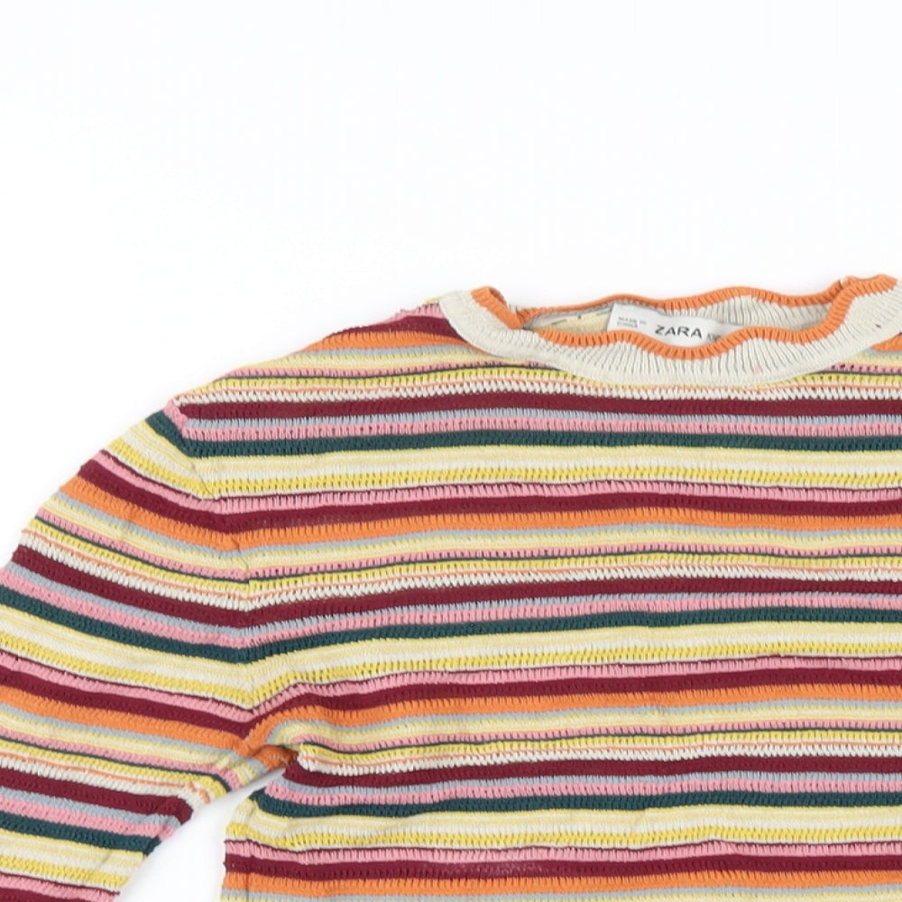 Zara Womens Multicoloured Striped Polyester Basic T-Shirt Size S Round Neck