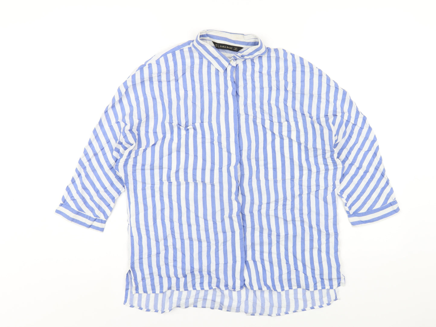 Zara Womens Blue Striped Polyester Basic Button-Up Size S Collared