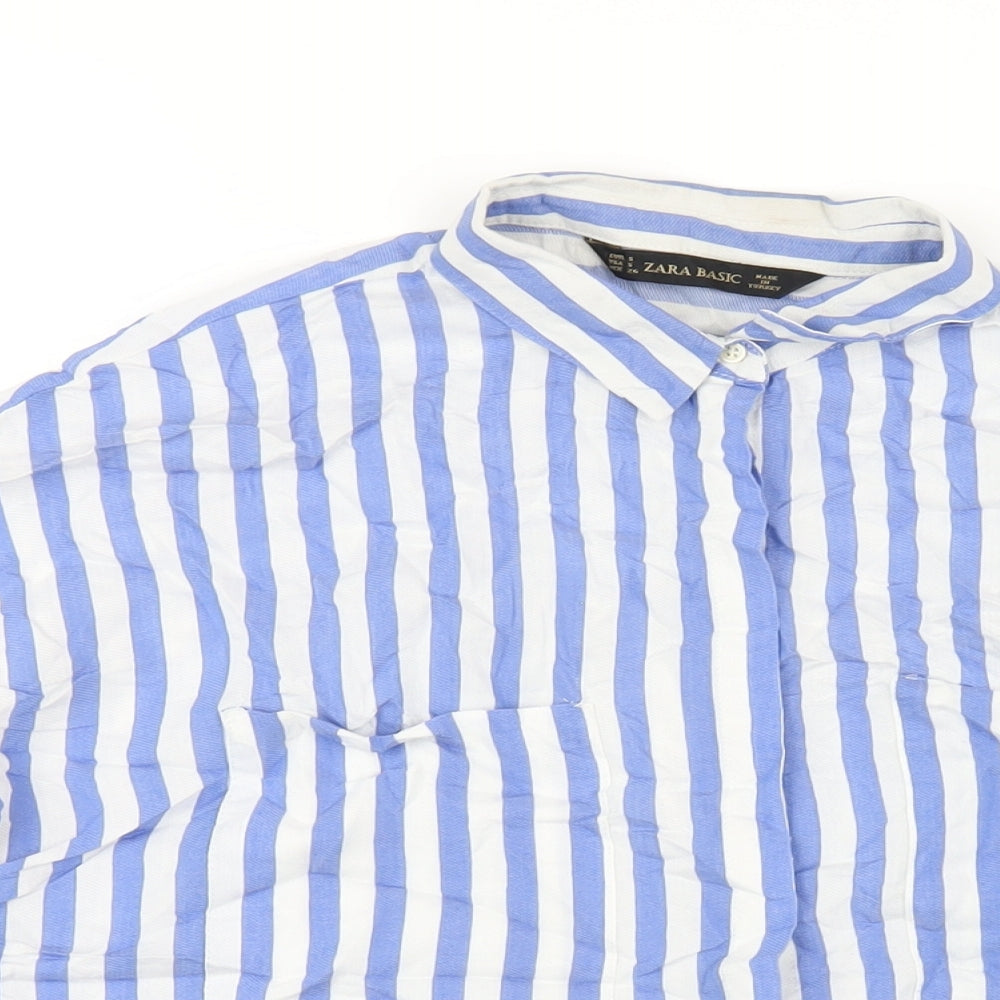 Zara Womens Blue Striped Polyester Basic Button-Up Size S Collared