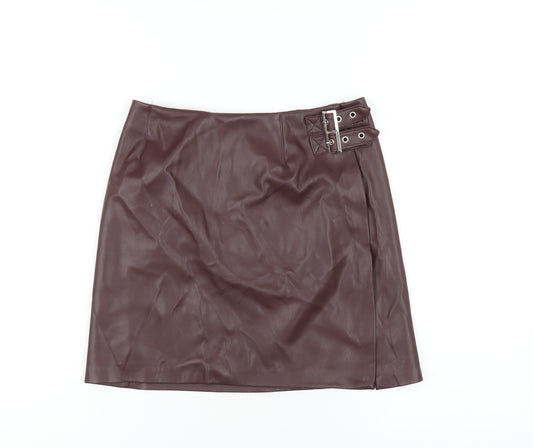 PRETTYLITTLETHING Womens Brown Polyurethane Mini Skirt Size 8 Buckle