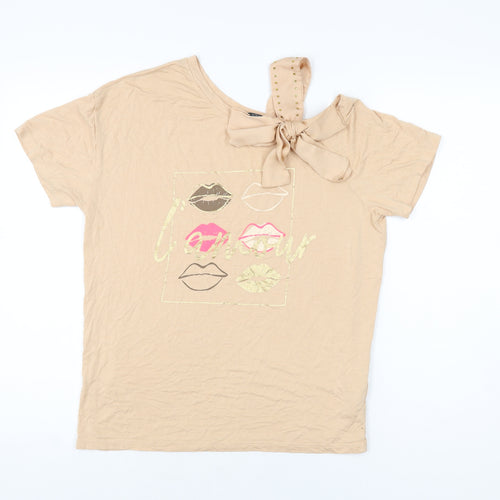 River Island Girls Beige Viscose Basic T-Shirt Size 11-12 Years Round Neck Pullover