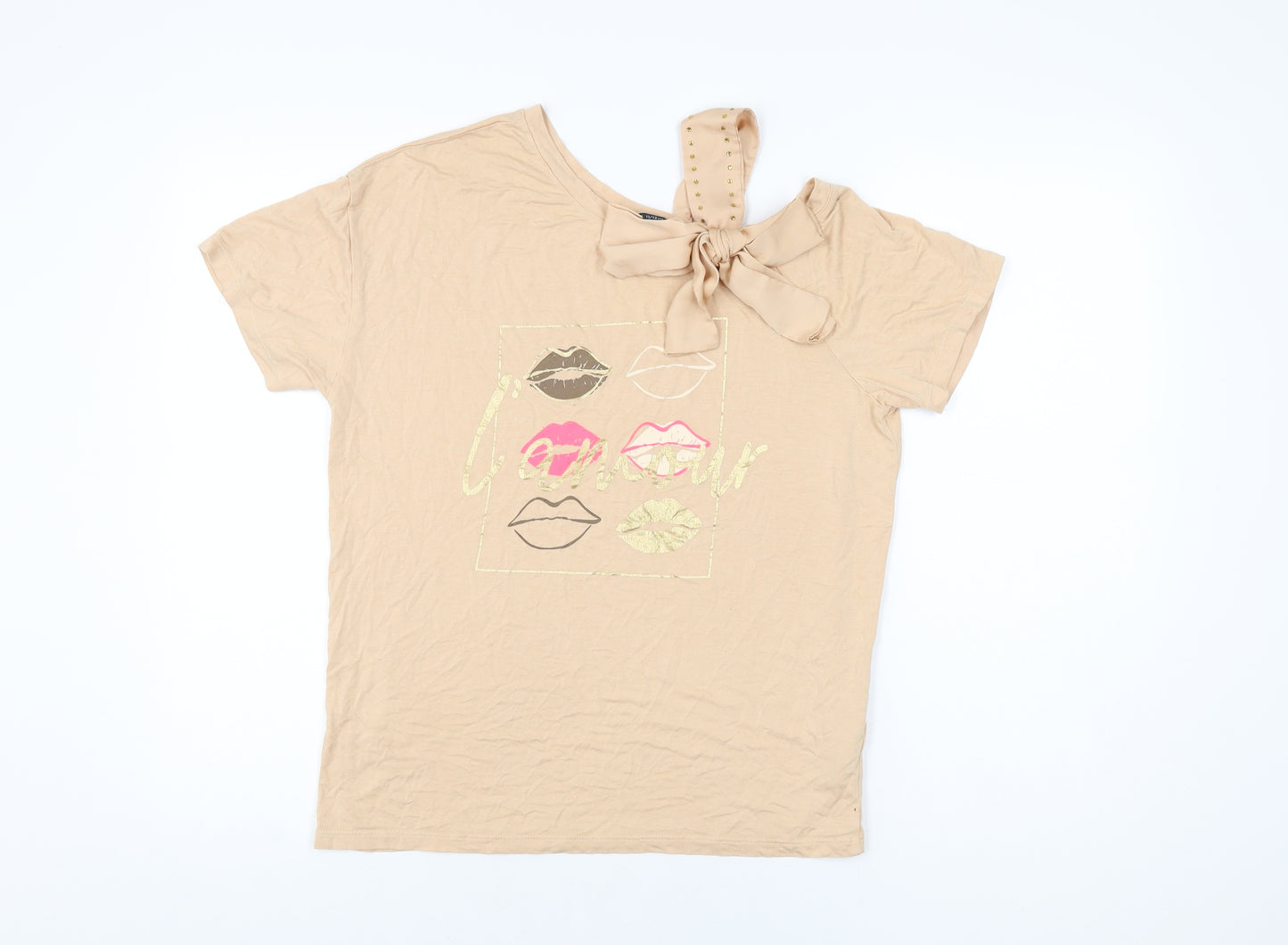 River Island Girls Beige Viscose Basic T-Shirt Size 11-12 Years Round Neck Pullover