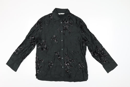 Zara Womens Black Floral Viscose Basic Button-Up Size XS Collared