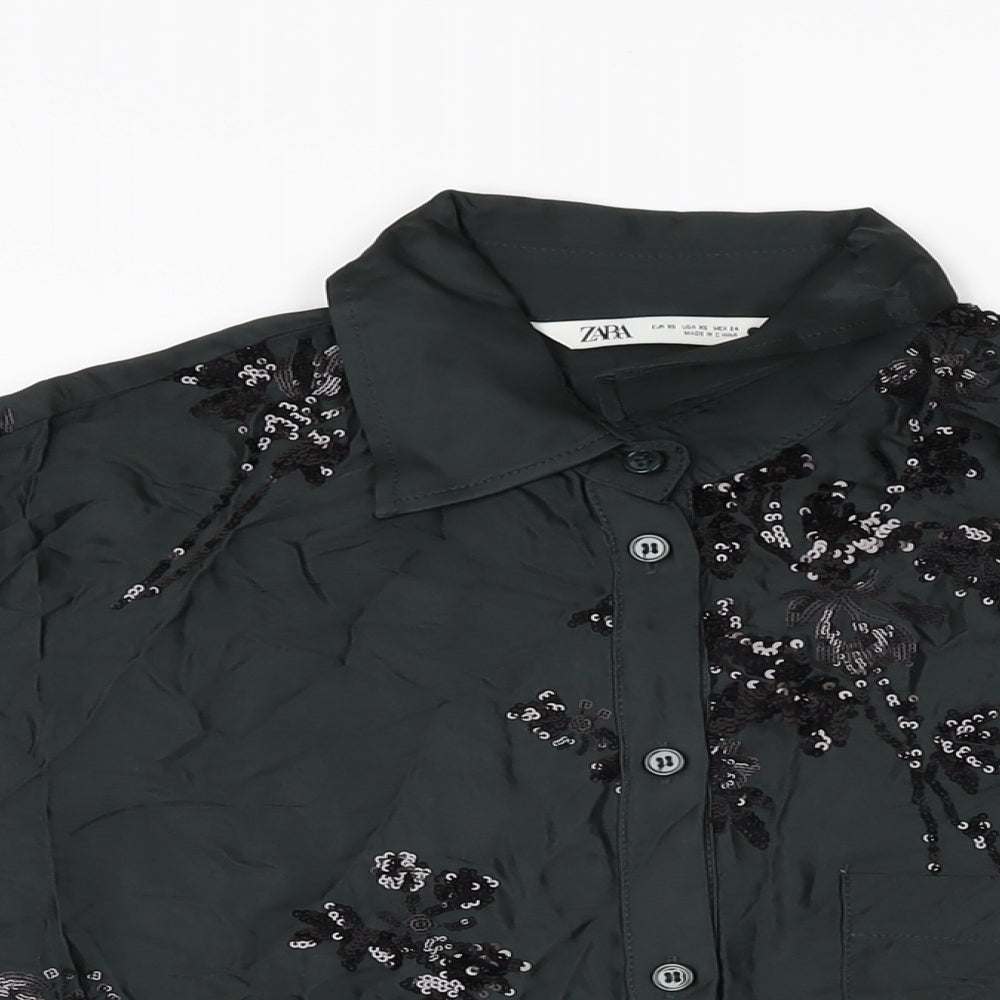 Zara Womens Black Floral Viscose Basic Button-Up Size XS Collared