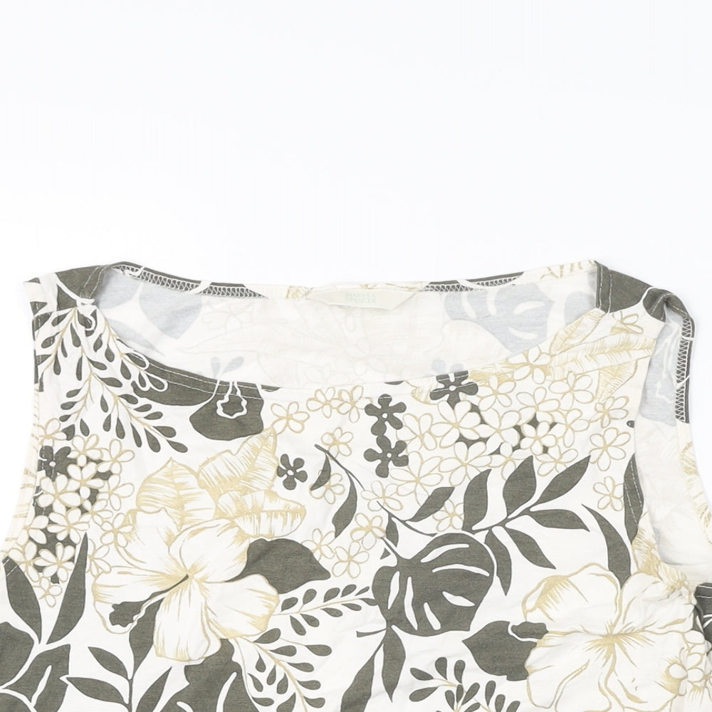 Marks and Spencer Womens White Floral Viscose Basic T-Shirt Size 12 Round Neck