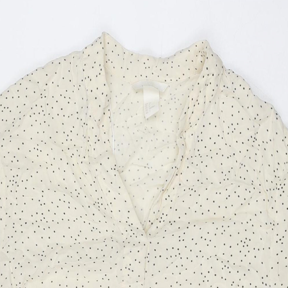 H&M Womens Ivory Polka Dot Viscose Basic T-Shirt Size 6 V-Neck