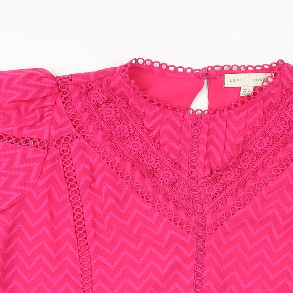 Love & Roses Womens Pink Geometric Polyester Basic Blouse Size 8 Round Neck