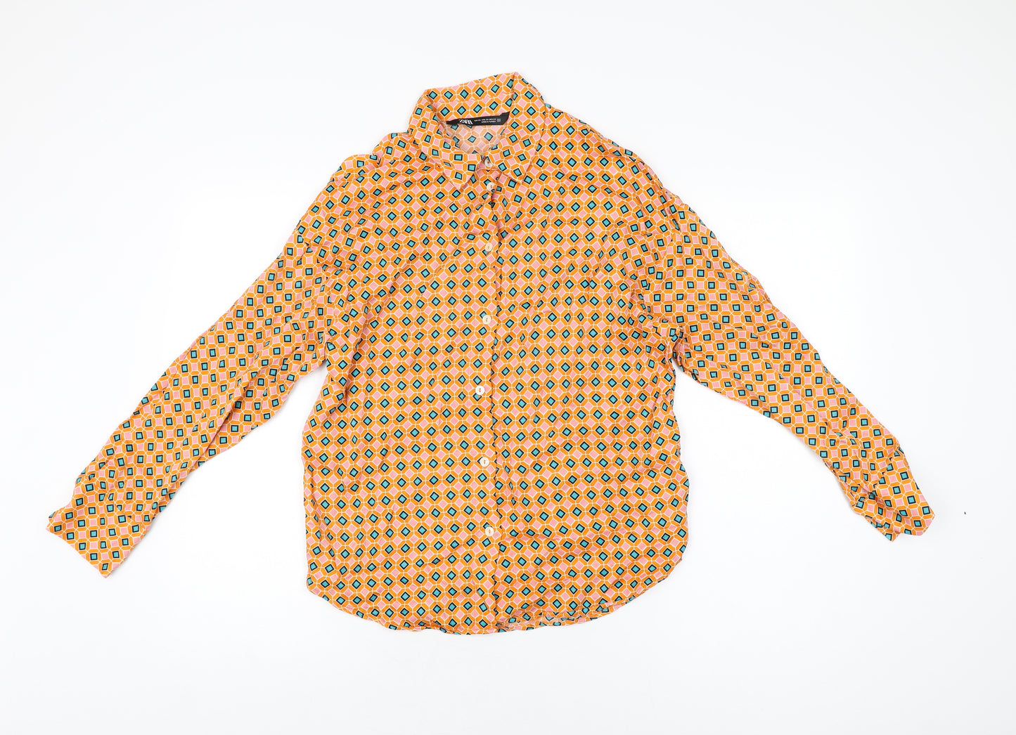 Zara Womens Orange Geometric Viscose Basic Button-Up Size XS Collared