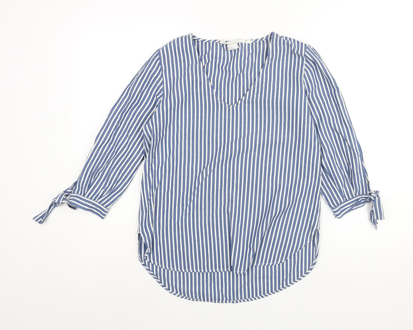 H&M Womens Blue Striped Cotton Basic Blouse Size 6 V-Neck - Tie Detail