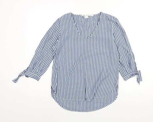 H&M Womens Blue Striped Cotton Basic Blouse Size 6 V-Neck - Tie Detail