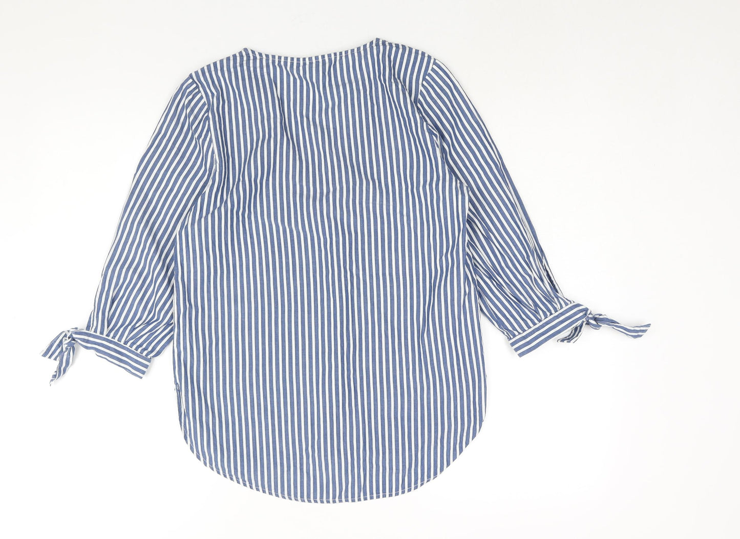 H&M Womens Blue Striped Cotton Basic Blouse Size 6 V-Neck - Tie Detail