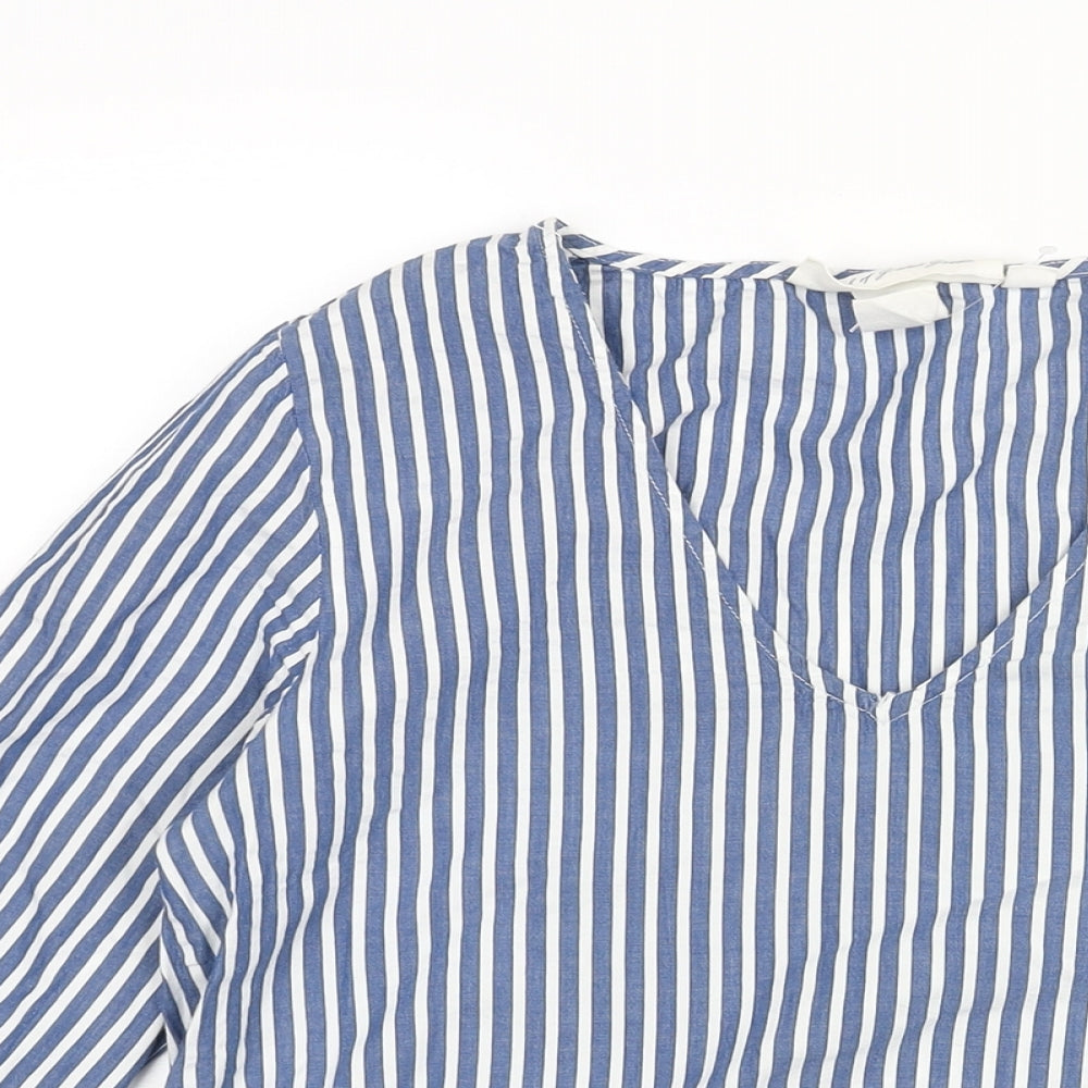 H&M Womens Blue Striped Cotton Basic Blouse Size 6 V-Neck - Tie Detail