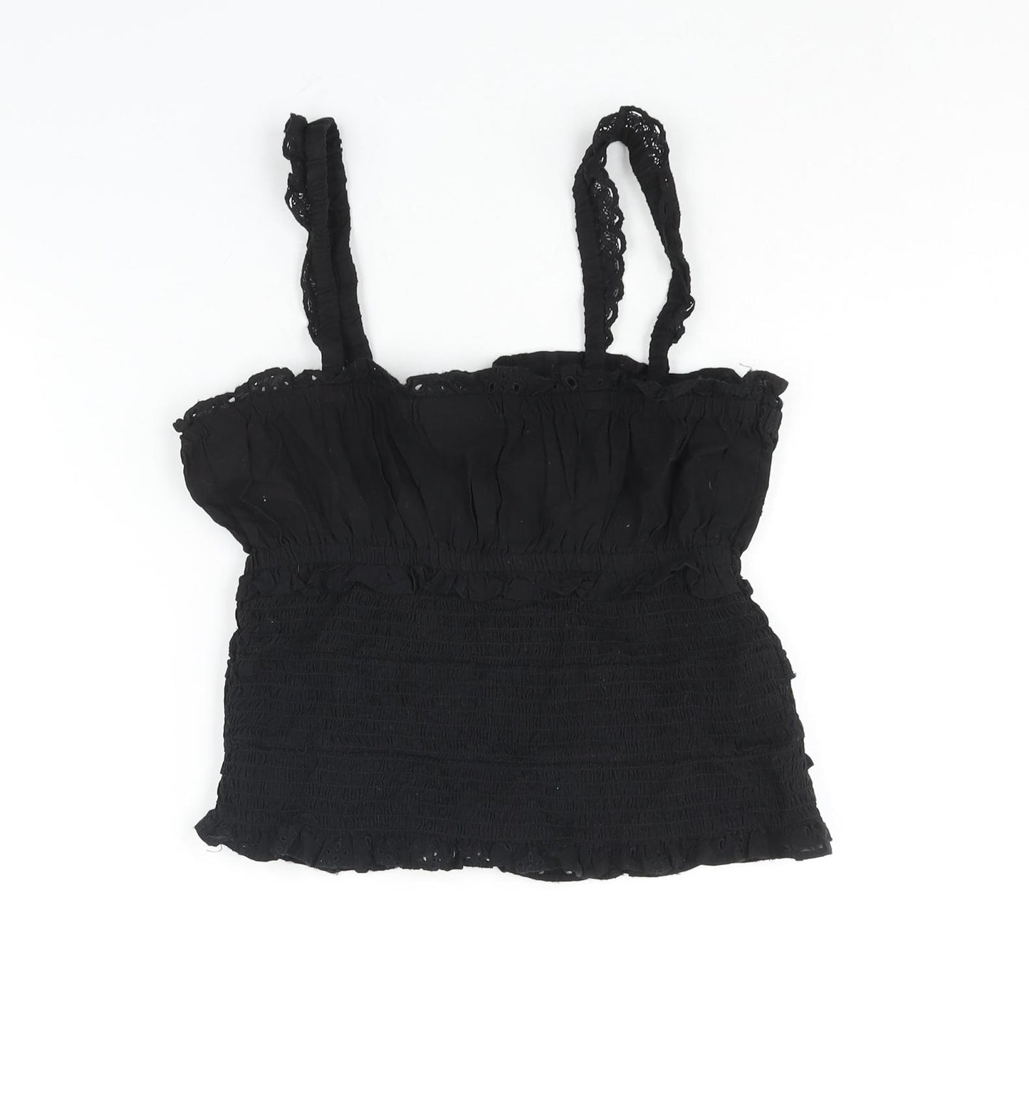 Topshop Womens Black Cotton Camisole Blouse Size 10 Square Neck - Rouched Frill