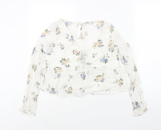 Hollister Womens White Floral Viscose Basic Blouse Size XS V-Neck - Keyhole Neck