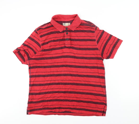 Marks and Spencer Mens Red Striped Cotton Polo Size L Collared Button