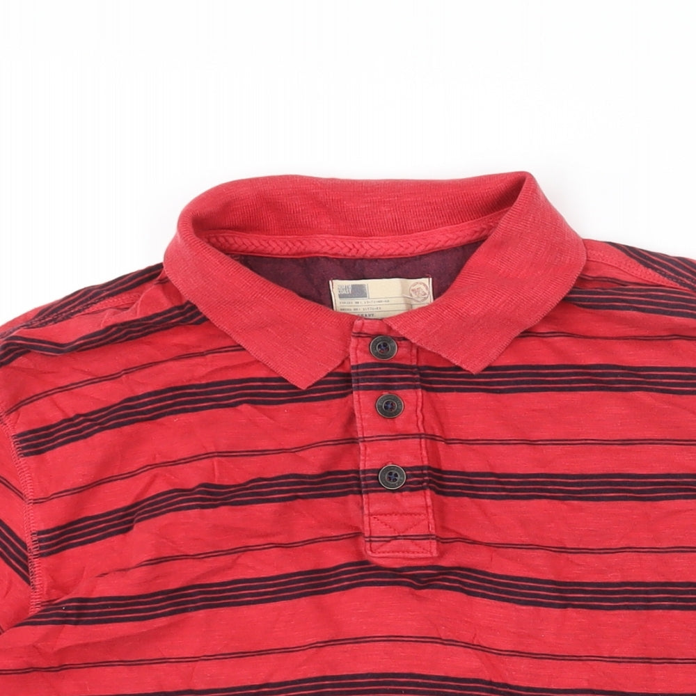 Marks and Spencer Mens Red Striped Cotton Polo Size L Collared Button