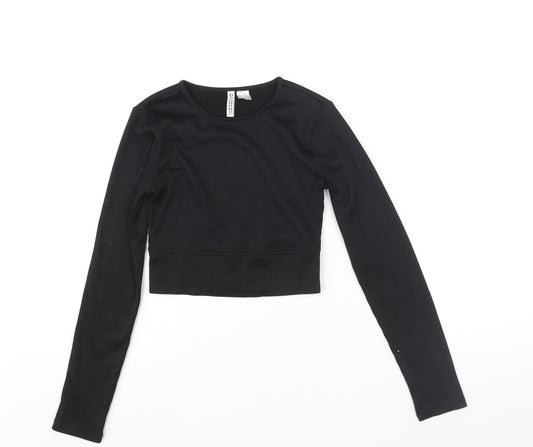 Divided by H&M Womens Black Polyester Cropped Blouse Size S Round Neck - Ribbed