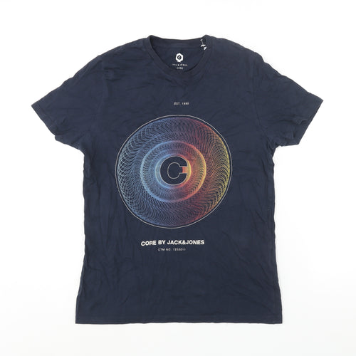 JACK & JONES Mens Blue Cotton T-Shirt Size L Crew Neck - Geometric Circle Core by Jack&Jones