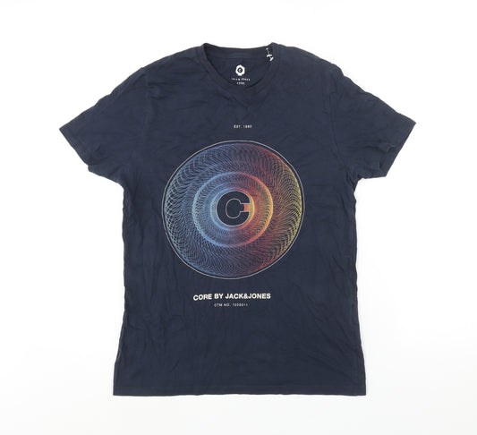 JACK & JONES Mens Blue Cotton T-Shirt Size L Crew Neck - Geometric Circle Core by Jack&Jones