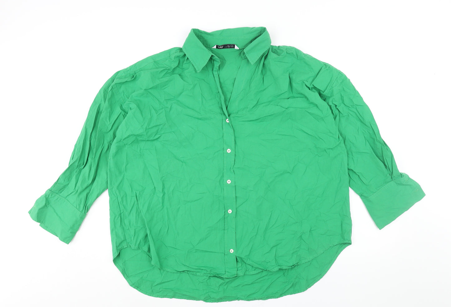 Zara Womens Green Cotton Basic Button-Up Size XL Collared