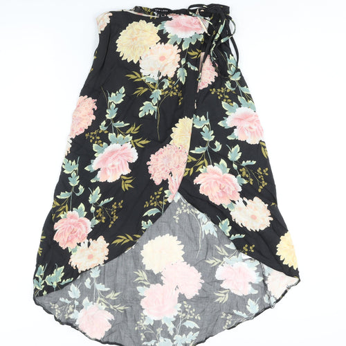 New Look Womens Black Floral Viscose Wrap Skirt Size 8 Tie - Hi-Low