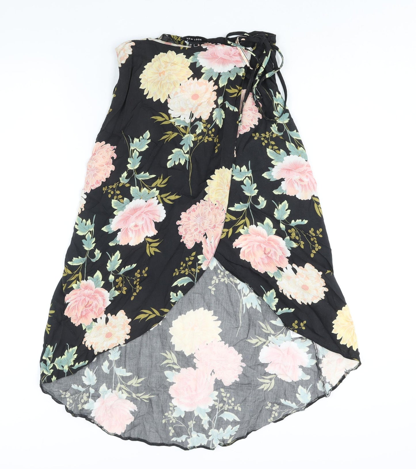 New Look Womens Black Floral Viscose Wrap Skirt Size 8 Tie - Hi-Low