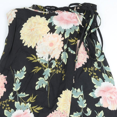 New Look Womens Black Floral Viscose Wrap Skirt Size 8 Tie - Hi-Low