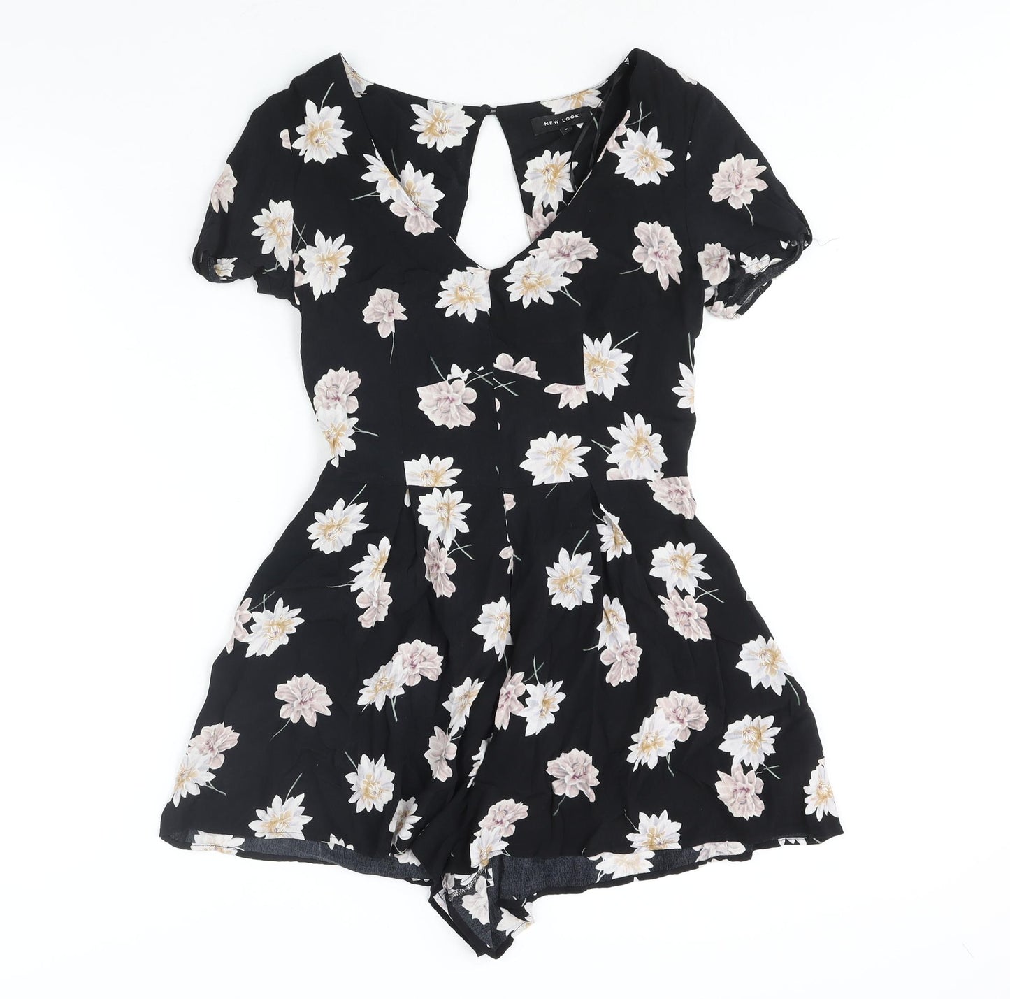 New Look Womens Black Floral Viscose Playsuit One-Piece Size 8 Button