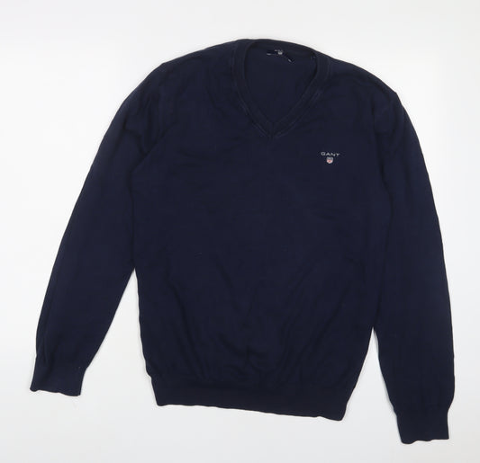 GANT Mens Blue V-Neck Cotton Pullover Jumper Size L Long Sleeve - Logo, Embroidered