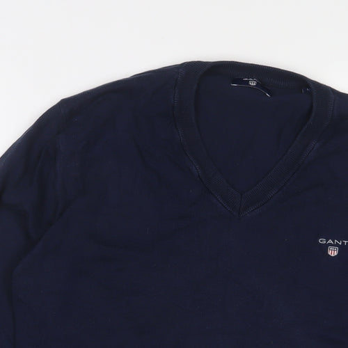 GANT Mens Blue V-Neck Cotton Pullover Jumper Size L Long Sleeve - Logo, Embroidered