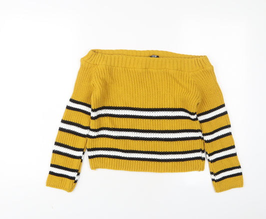 Cameo Rose Womens Yellow Boat Neck Striped Acrylic Pullover Jumper Size M