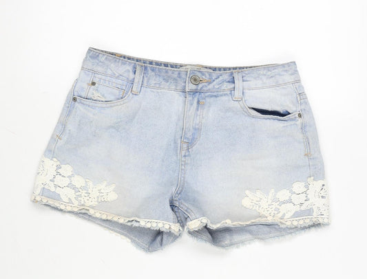 H&M Girls Blue Cotton Cut-Off Shorts Size 14 Years Regular Zip - Lace Sides.-Distressed.