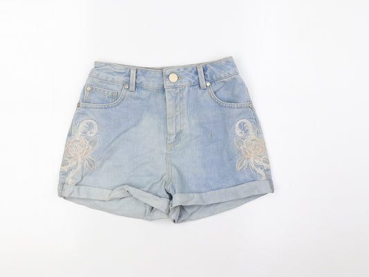 Miss Selfridge Womens Blue Cotton Basic Shorts Size 6 Regular Button - Embroidery