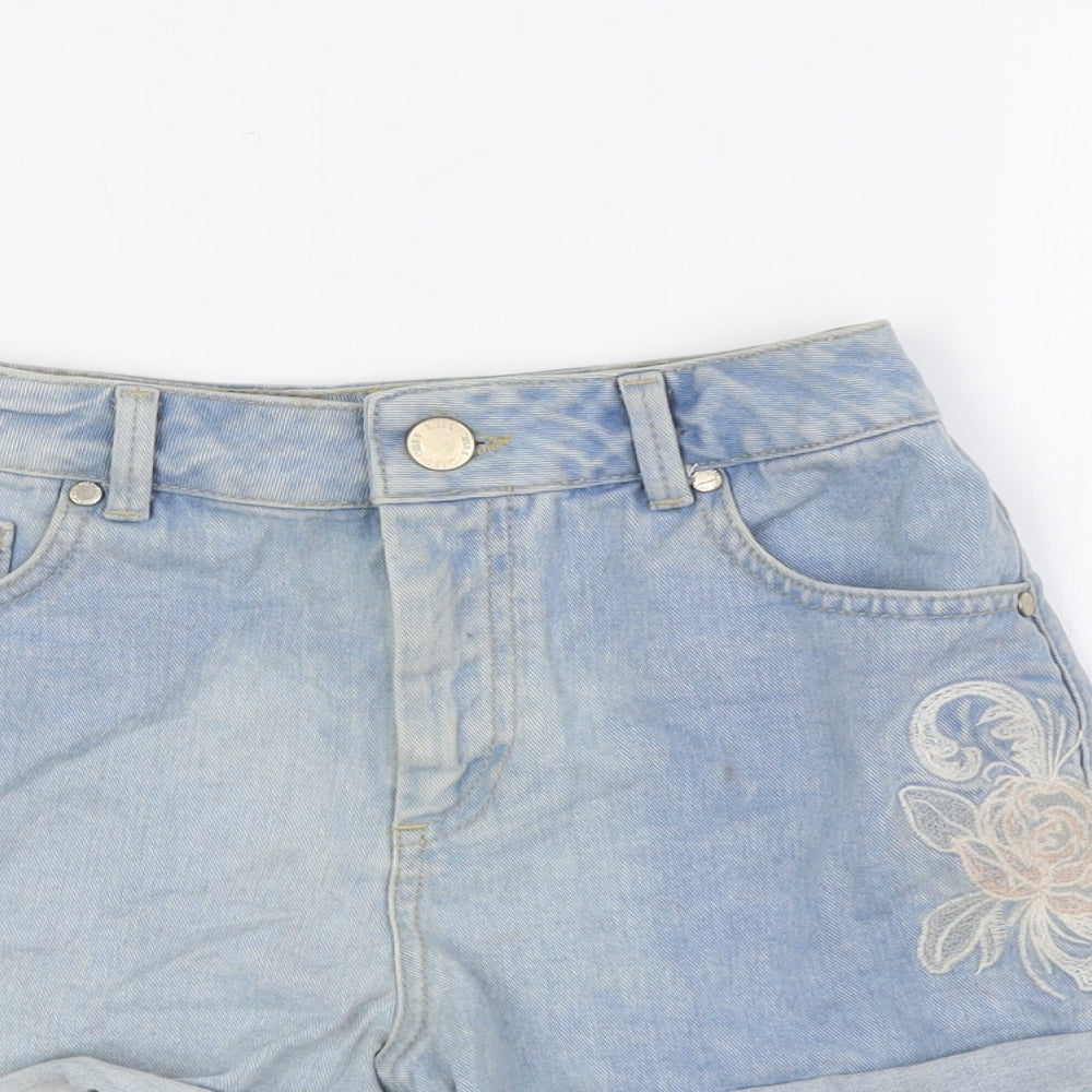 Miss Selfridge Womens Blue Cotton Basic Shorts Size 6 Regular Button - Embroidery