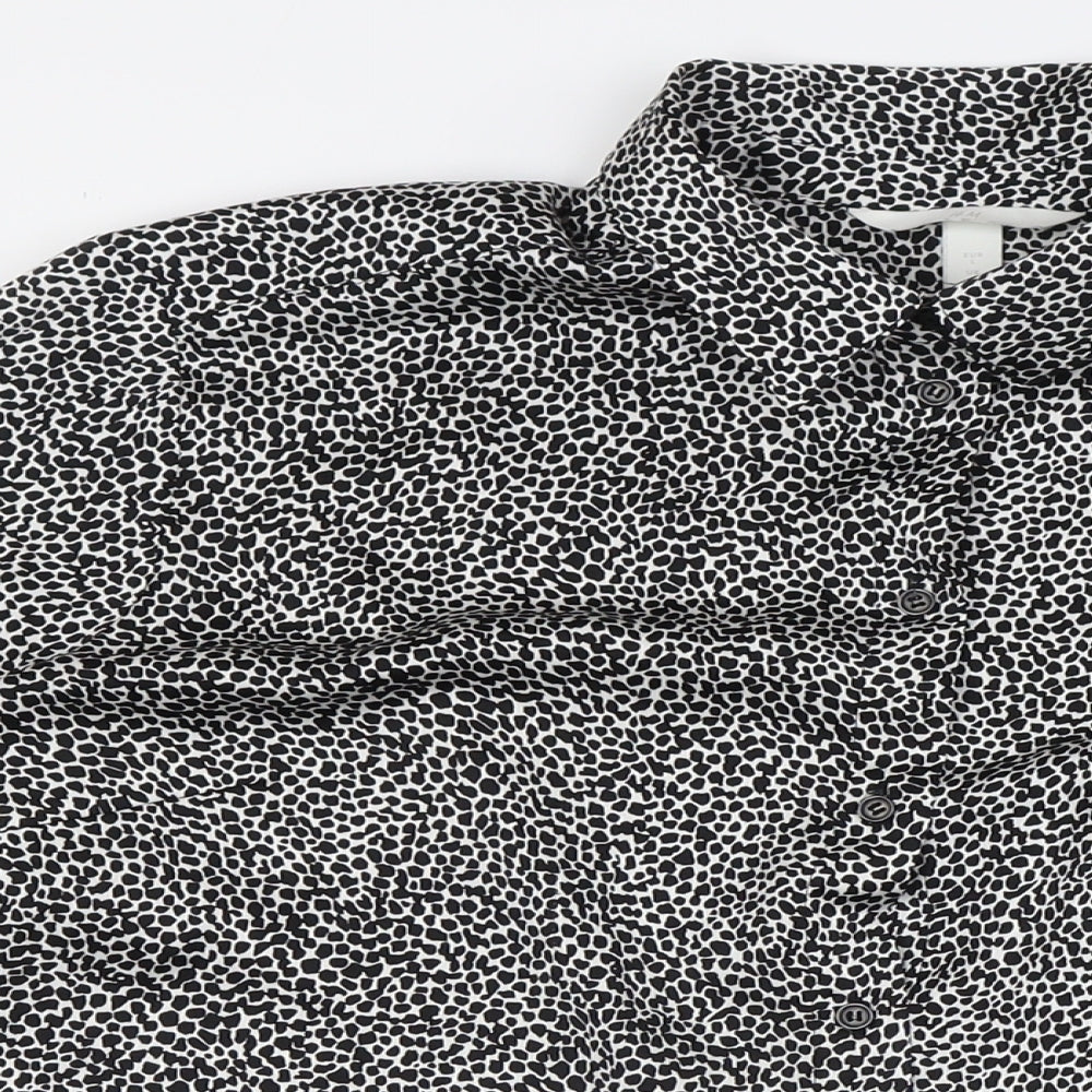 H&M Womens Black Animal Print Polyester Basic Button-Up Size L Collared