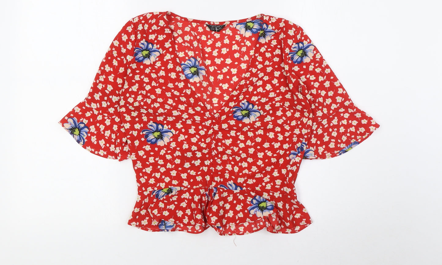 Topshop Womens Red Floral Polyester Basic Blouse Size 6 V-Neck