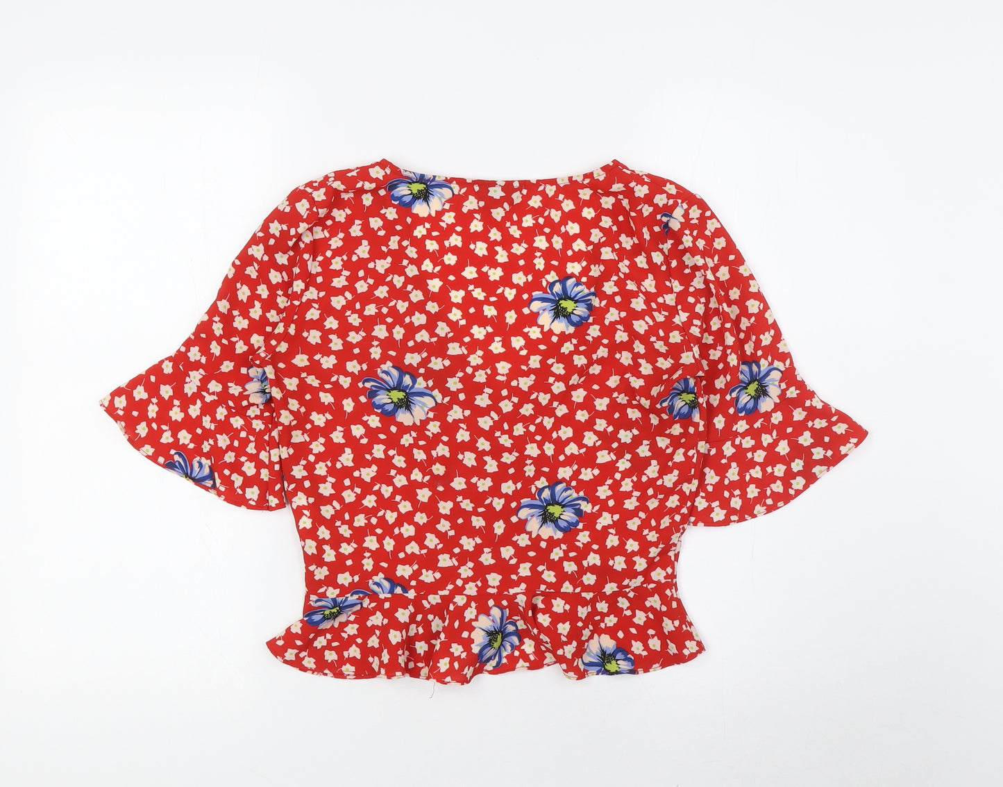 Topshop Womens Red Floral Polyester Basic Blouse Size 6 V-Neck