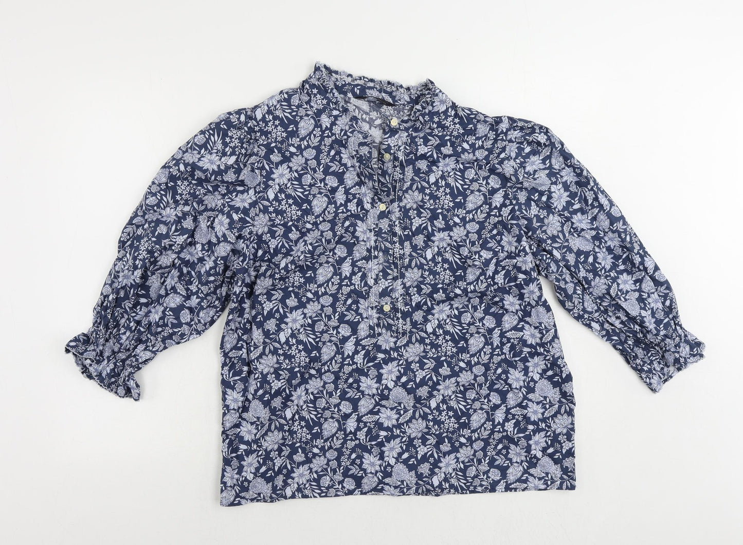 Marks and Spencer Womens Blue Floral Cotton Basic Blouse Size 14 Round Neck