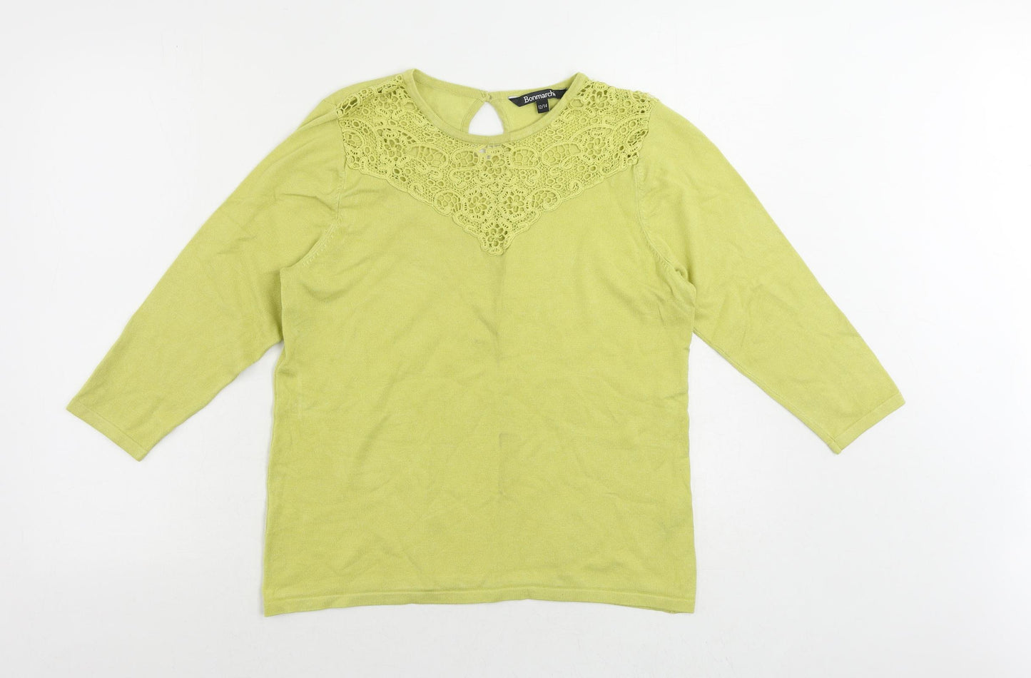 Bonmarché Womens Green Round Neck Viscose Pullover Jumper Size 12 - Crochet Detail